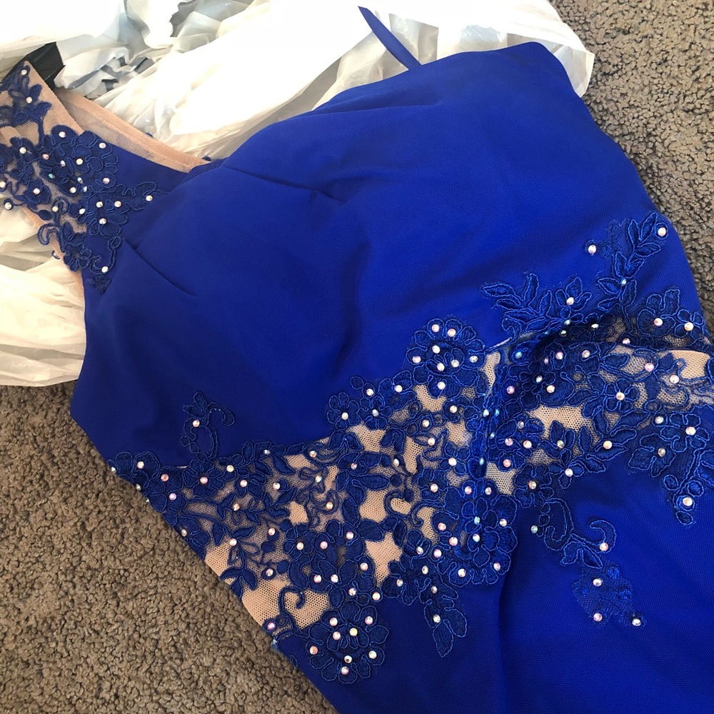 Royal blue prom dress with pattern throughout